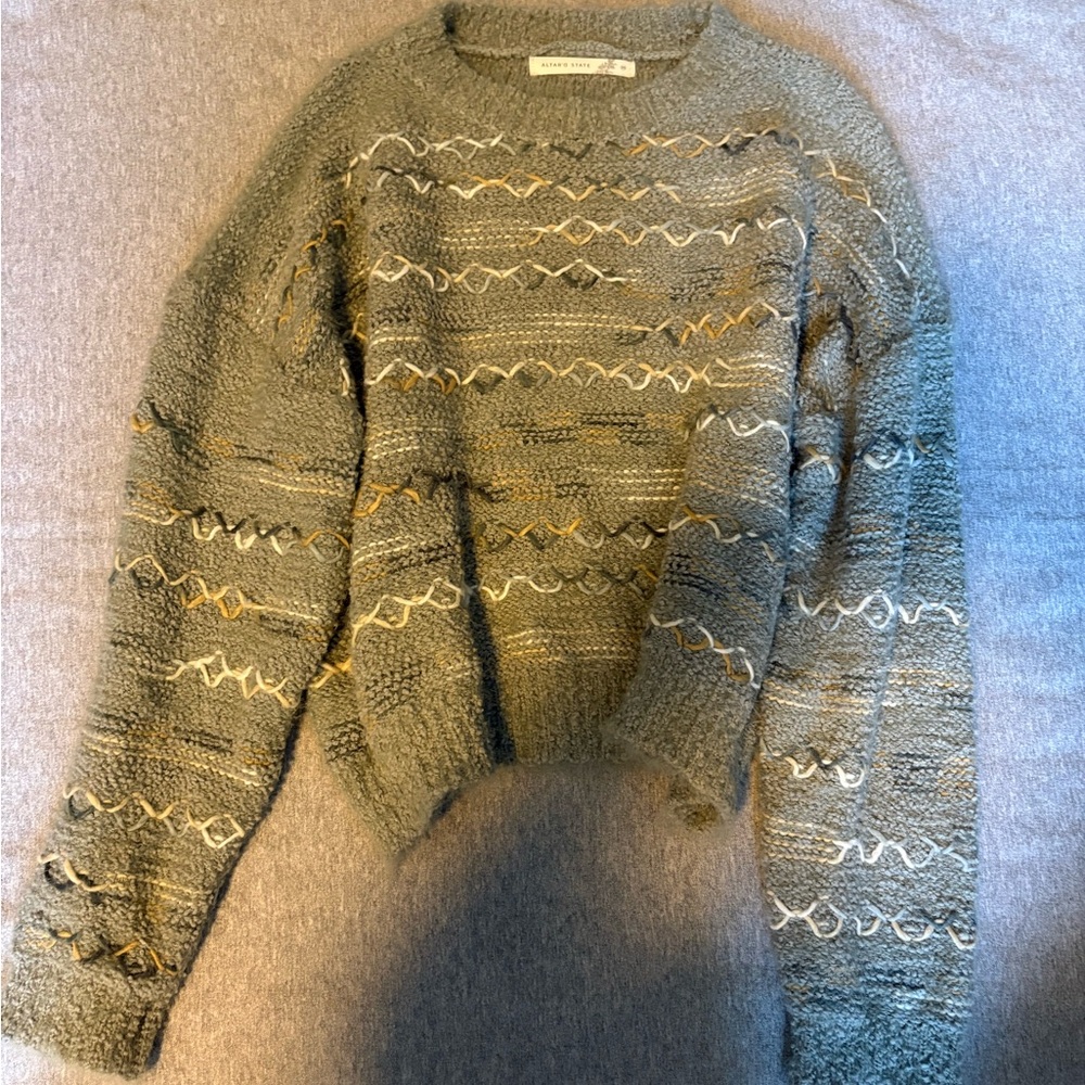 Altar'd State Gray Sweater with Gold and Cream Details